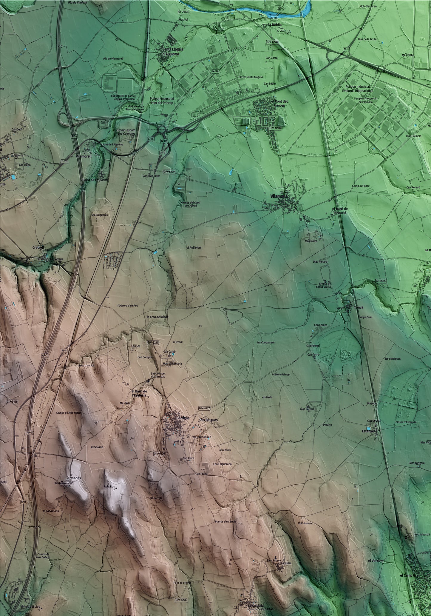 Mapa artístico del relieve de Sant Miquel de Fluvià, al Alt Empordà, con 15 km de entorno y base topográfica ICGC. Detalle de la zona superior izquierda.