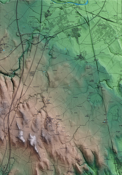 Mapa artístico del relieve de Sant Miquel de Fluvià, al Alt Empordà, con 15 km de entorno y base topográfica ICGC. Detalle de la zona superior izquierda.