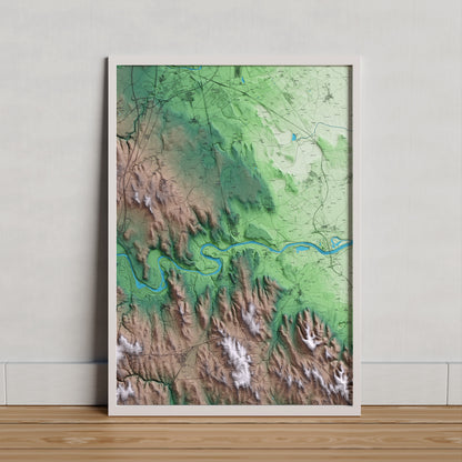 Mapa artístico del relieve de Sant Miquel de Fluvià, al Alt Empordà, con 15 km de entorno y base topográfica ICGC. Presentación enmarcada.