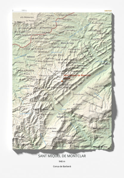 Mapa de relieve de Sant Miquel de Montclar, 948 m, Conca de Barberà, lámina 100 Cims de Trobart 21 × 30 cm.
