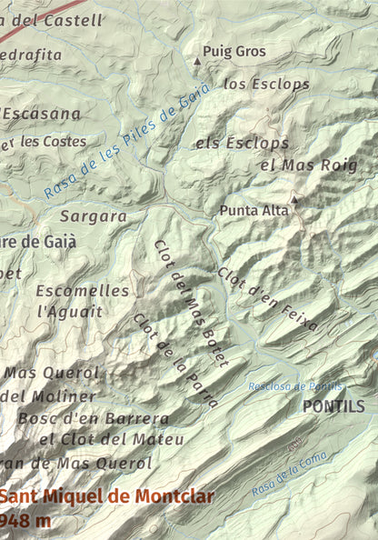 Mapa de relieve de Sant Miquel de Montclar, 948 m, Conca de Barberà, lámina 100 Cims de Trobart. Detalle de la zona superior derecha. 21 × 30 cm.