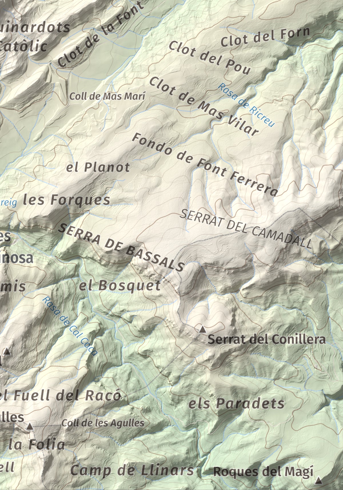 Mapa de relieve de Sant Miquel de Montclar, 948 m, Conca de Barberà, lámina 100 Cims de Trobart. Detalle de la zona inferior derecha. 21 × 30 cm.