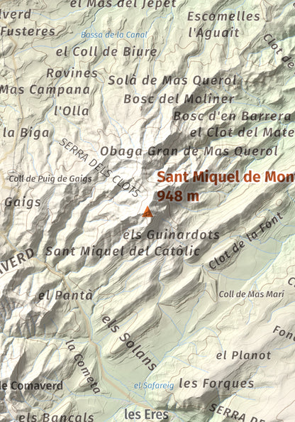 Mapa de relieve de Sant Miquel de Montclar, 948 m, Conca de Barberà, lámina 100 Cims de Trobart. Detalle de la zona central. 21 × 30 cm.