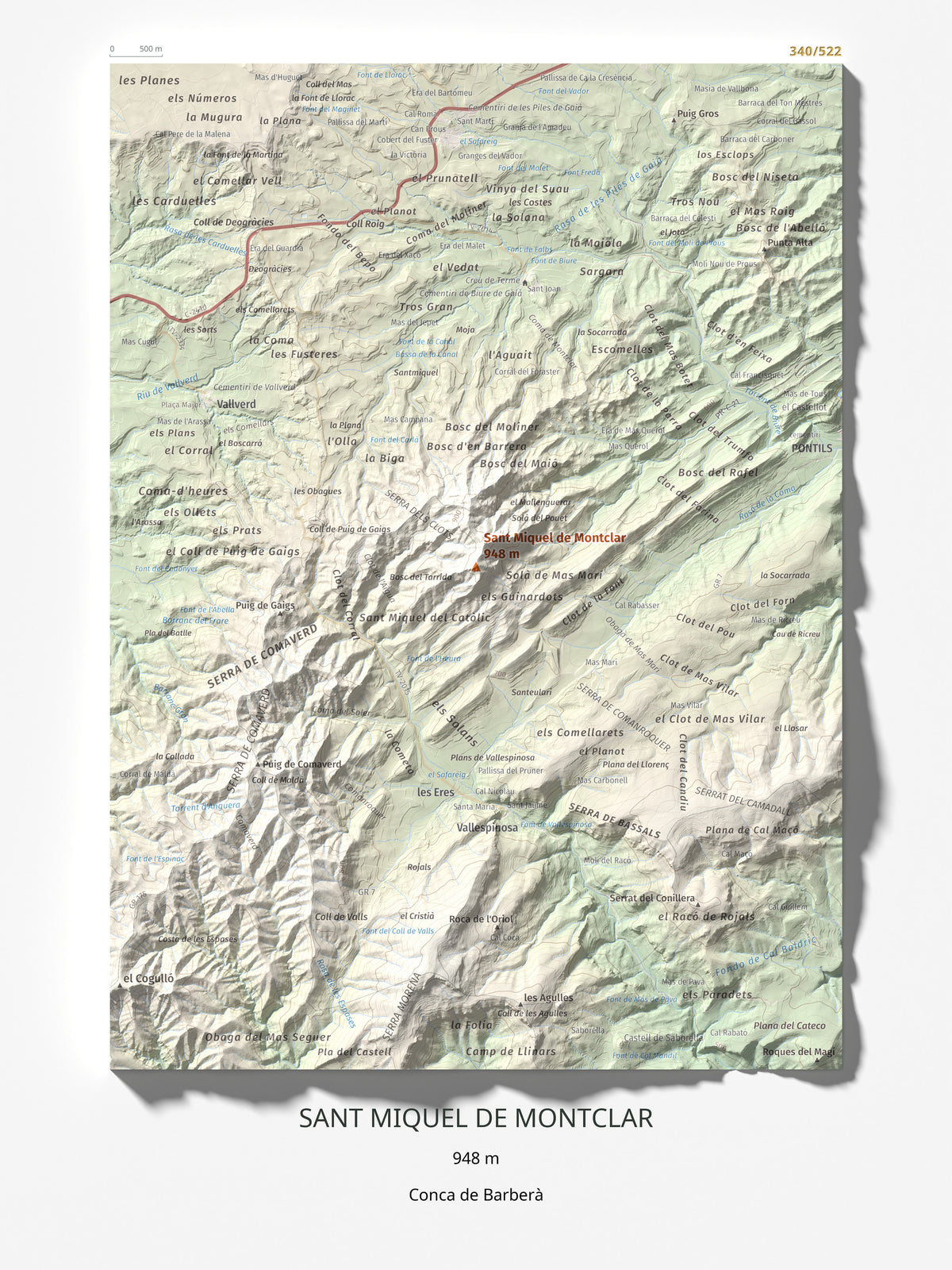 Mapa de relieve de Sant Miquel de Montclar, 948 m, Conca de Barberà, lámina 100 Cims de Trobart 30 × 40 cm.