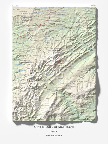 Mapa de relieve de Sant Miquel de Montclar, 948 m, Conca de Barberà, lámina 100 Cims de Trobart 30 × 40 cm.