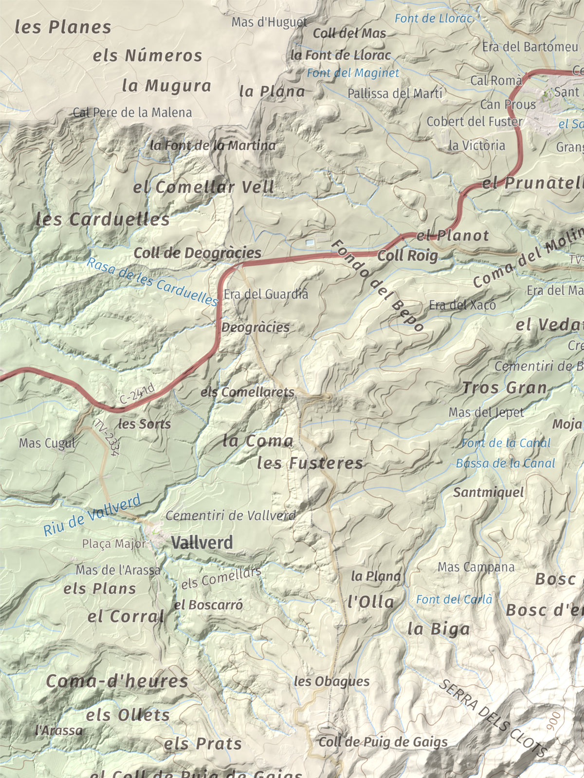 Mapa de relieve de Sant Miquel de Montclar, 948 m, Conca de Barberà, lámina 100 Cims de Trobart. Detalle de la zona superior izquierda. 30 × 40 cm.