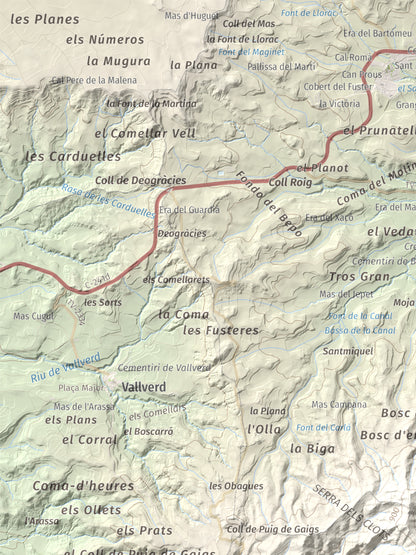 Mapa de relieve de Sant Miquel de Montclar, 948 m, Conca de Barberà, lámina 100 Cims de Trobart. Detalle de la zona superior izquierda. 30 × 40 cm.