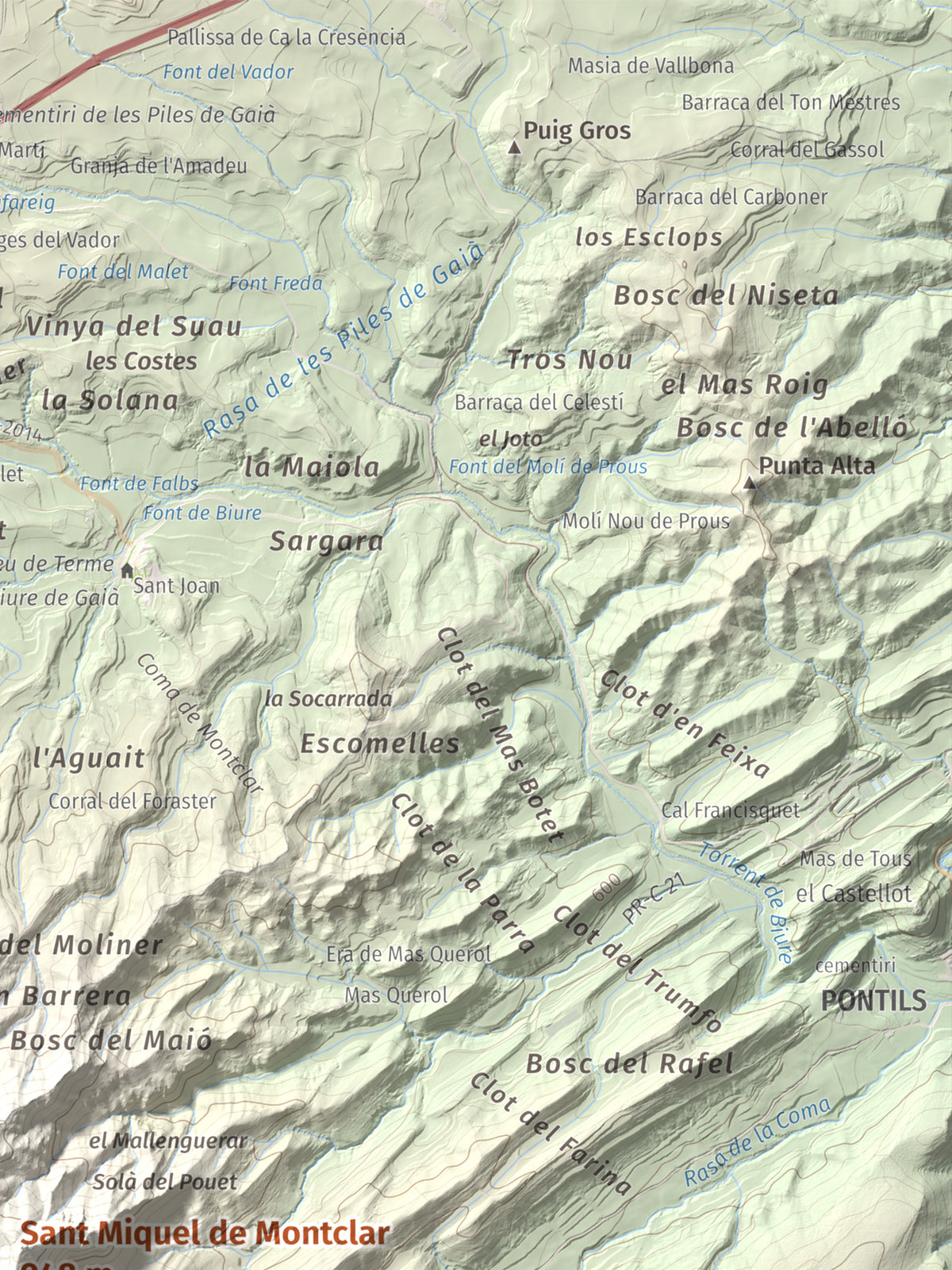 Mapa de relieve de Sant Miquel de Montclar, 948 m, Conca de Barberà, lámina 100 Cims de Trobart. Detalle de la zona superior derecha. 30 × 40 cm.