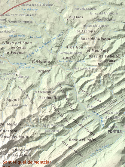 Mapa de relieve de Sant Miquel de Montclar, 948 m, Conca de Barberà, lámina 100 Cims de Trobart. Detalle de la zona superior derecha. 30 × 40 cm.