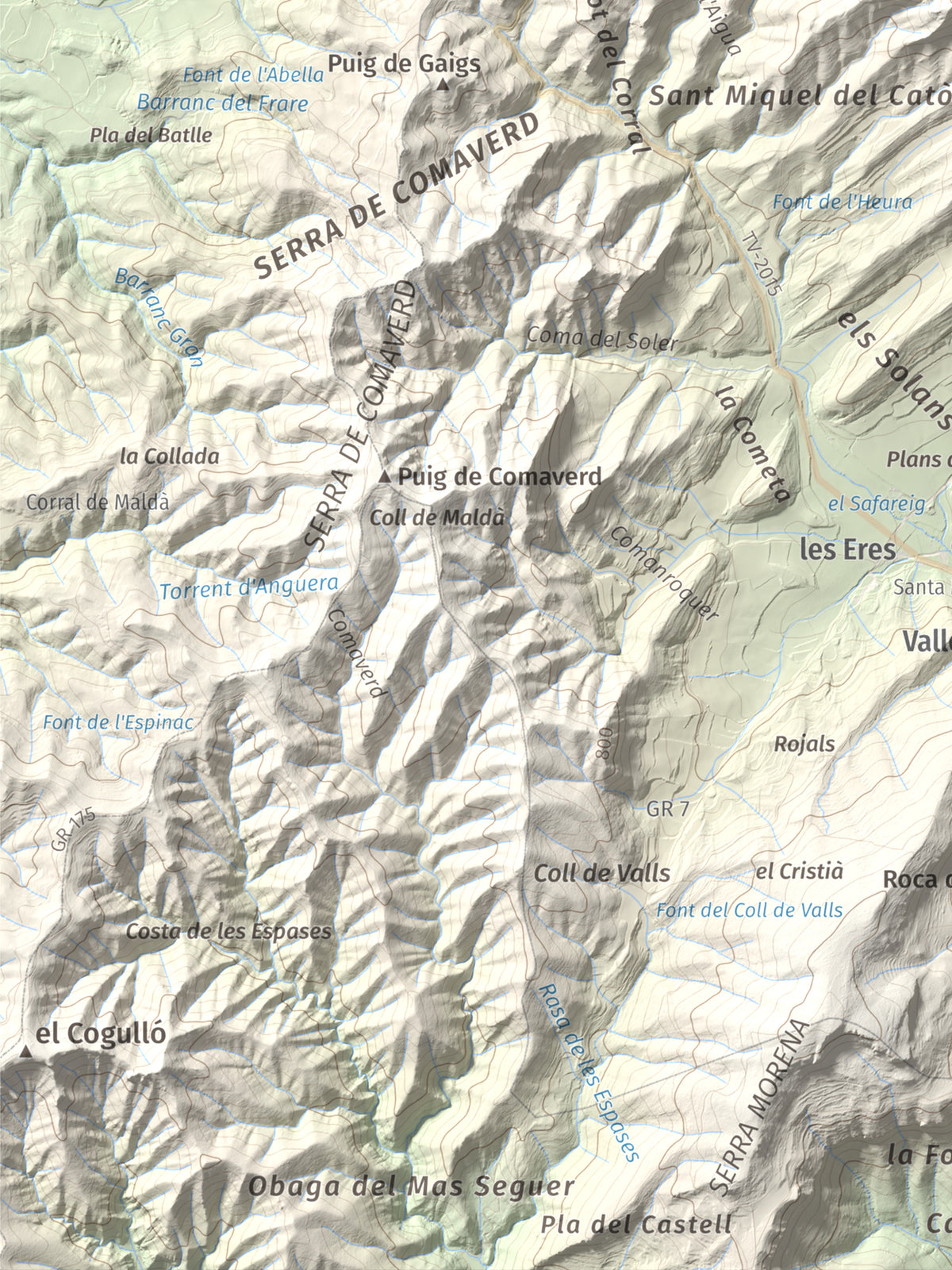 Mapa de relieve de Sant Miquel de Montclar, 948 m, Conca de Barberà, lámina 100 Cims de Trobart. Detalle de la zona inferior izquierda. 30 × 40 cm.