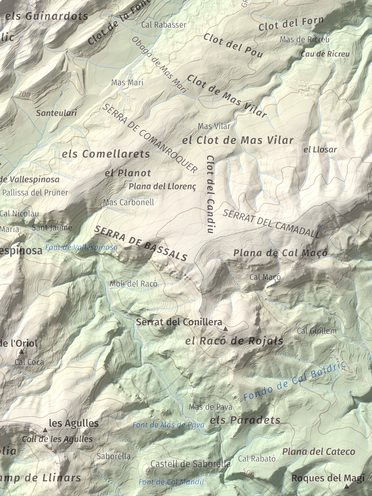 Mapa de relieve de Sant Miquel de Montclar, 948 m, Conca de Barberà, lámina 100 Cims de Trobart. Detalle de la zona inferior derecha. 30 × 40 cm.