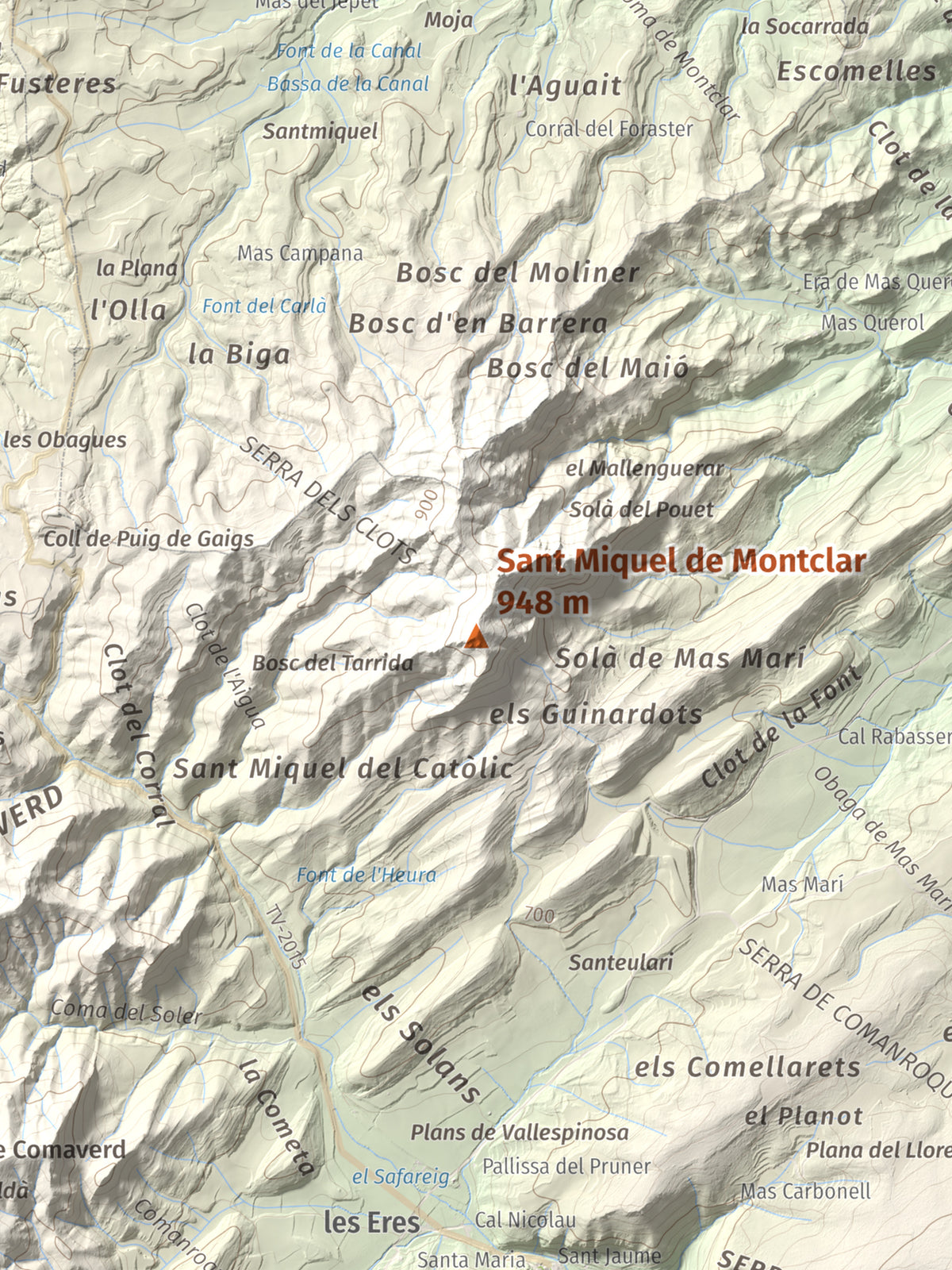 Mapa de relieve de Sant Miquel de Montclar, 948 m, Conca de Barberà, lámina 100 Cims de Trobart. Detalle de la zona central. 30 × 40 cm.