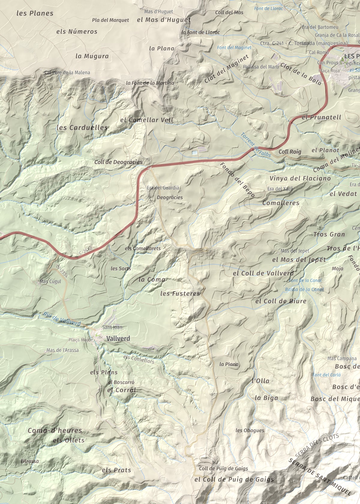 Mapa de relieve de Sant Miquel de Montclar, 948 m, Conca de Barberà, lámina 100 Cims de Trobart. Detalle de la zona superior izquierda. 50 × 70 cm.