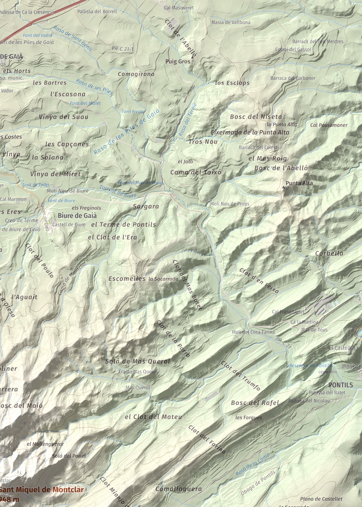 Mapa de relieve de Sant Miquel de Montclar, 948 m, Conca de Barberà, lámina 100 Cims de Trobart. Detalle de la zona superior derecha. 50 × 70 cm.