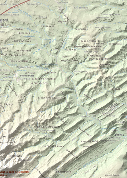 Mapa de relieve de Sant Miquel de Montclar, 948 m, Conca de Barberà, lámina 100 Cims de Trobart. Detalle de la zona superior derecha. 50 × 70 cm.