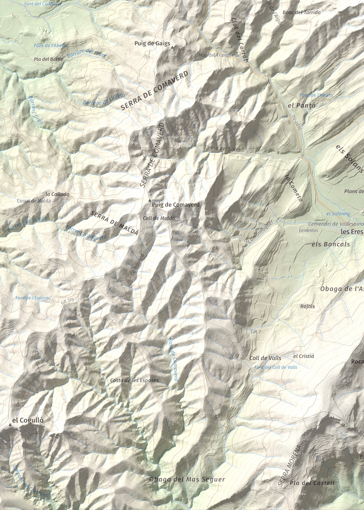 Mapa de relieve de Sant Miquel de Montclar, 948 m, Conca de Barberà, lámina 100 Cims de Trobart. Detalle de la zona inferior izquierda. 50 × 70 cm.
