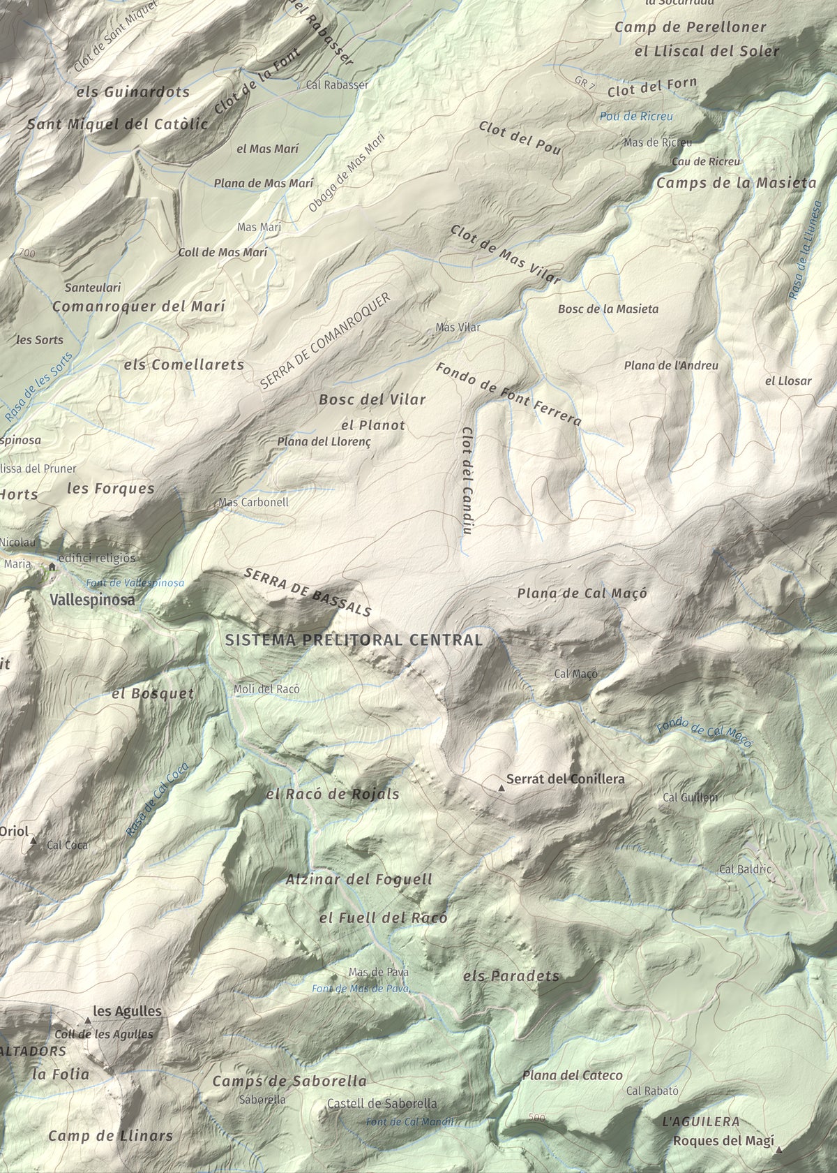 Mapa de relieve de Sant Miquel de Montclar, 948 m, Conca de Barberà, lámina 100 Cims de Trobart. Detalle de la zona inferior derecha. 50 × 70 cm.