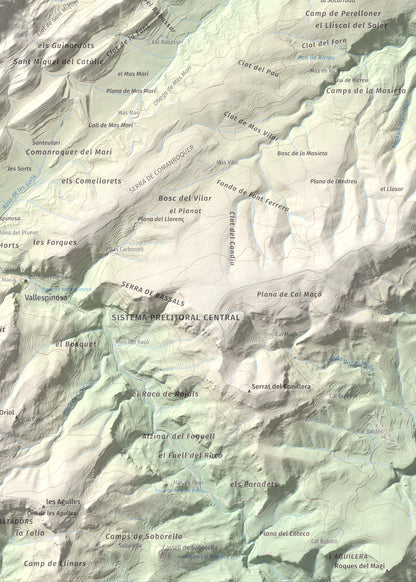 Mapa de relieve de Sant Miquel de Montclar, 948 m, Conca de Barberà, lámina 100 Cims de Trobart. Detalle de la zona inferior derecha. 50 × 70 cm.