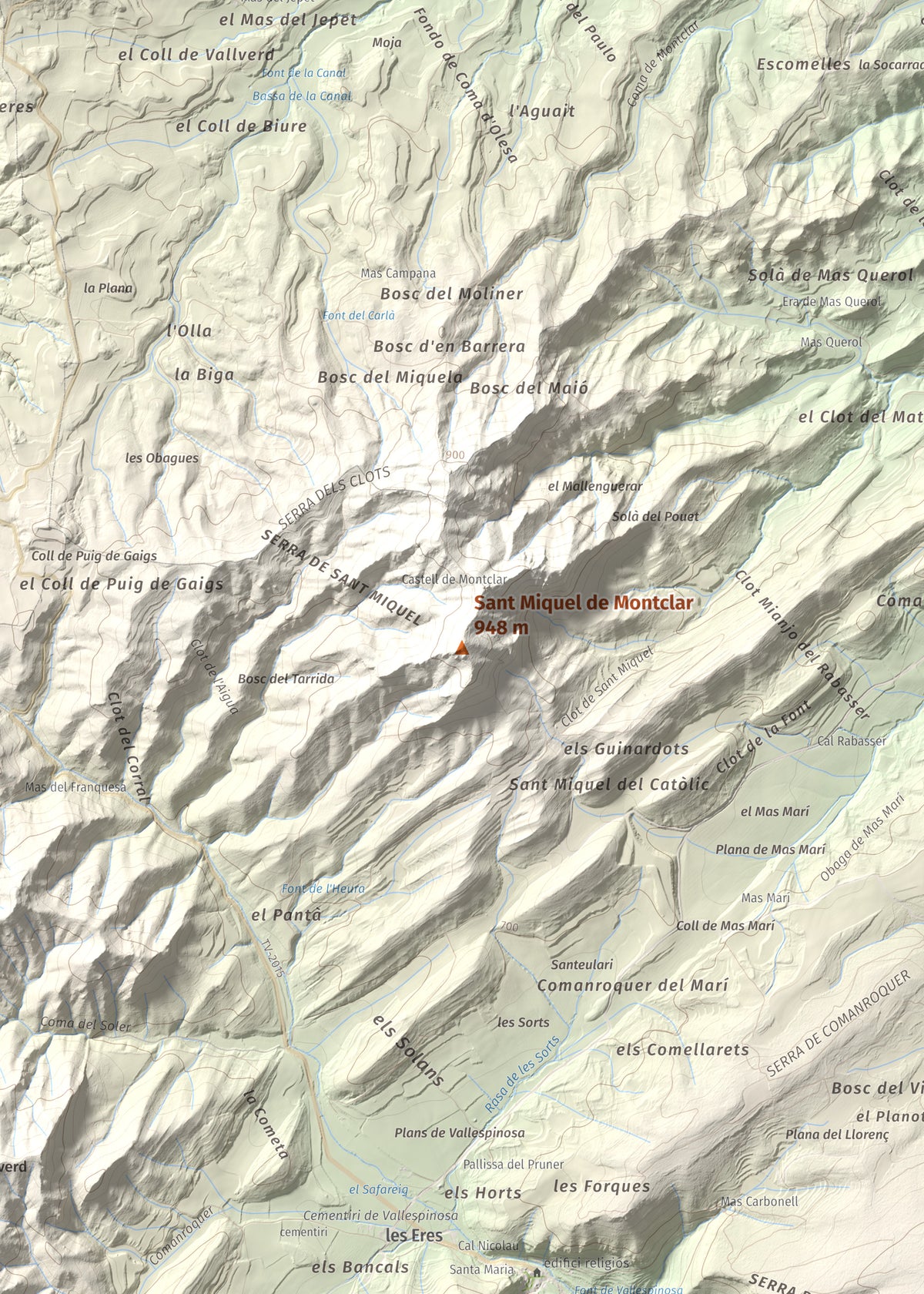 Mapa de relieve de Sant Miquel de Montclar, 948 m, Conca de Barberà, lámina 100 Cims de Trobart. Detalle de la zona central. 50 × 70 cm.