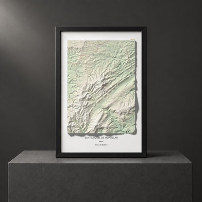 Mapa de relieve de Sant Miquel de Montclar, 948 m, Conca de Barberà, lámina 100 Cims de Trobart. Presentación enmarcada. 61 × 91 cm.