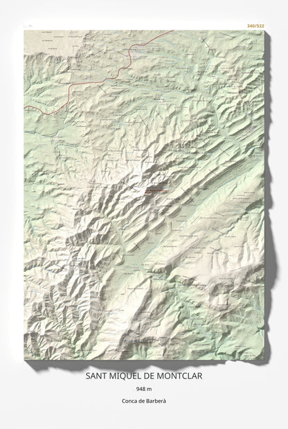 Mapa de relieve de Sant Miquel de Montclar, 948 m, Conca de Barberà, lámina 100 Cims de Trobart 61 × 91 cm.