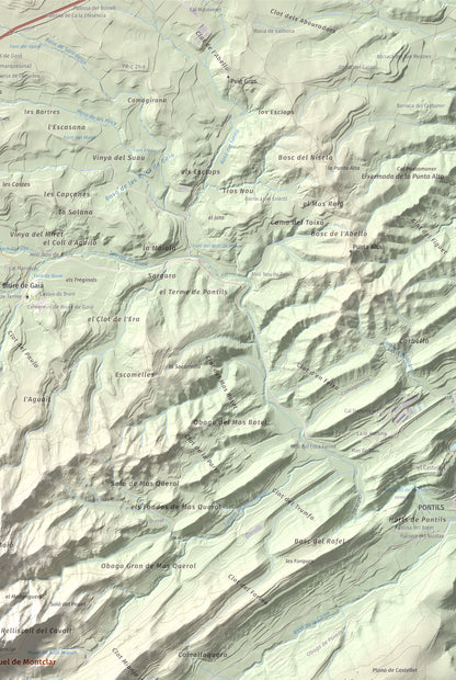 Mapa de relieve de Sant Miquel de Montclar, 948 m, Conca de Barberà, lámina 100 Cims de Trobart. Detalle de la zona superior derecha. 61 × 91 cm.