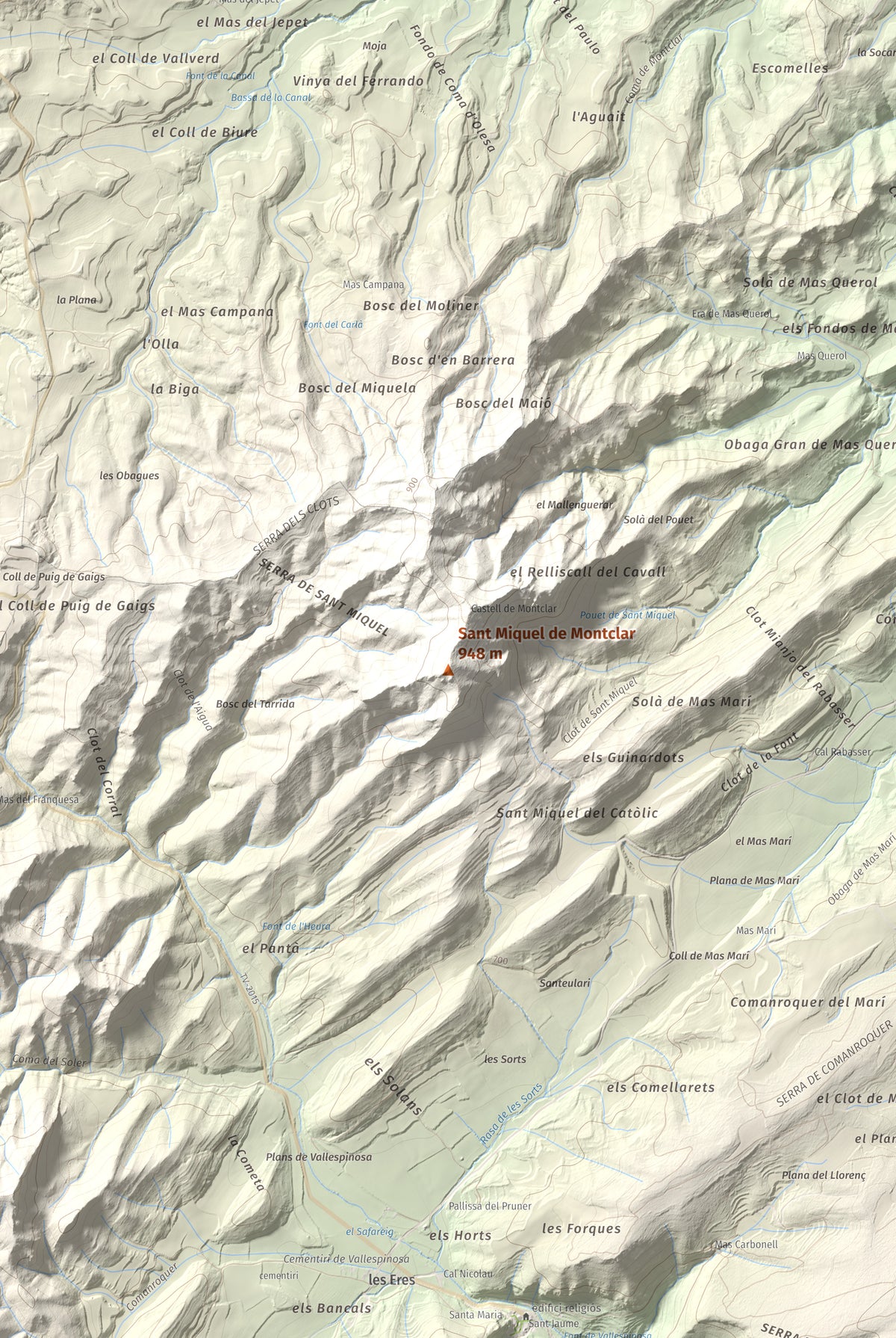 Mapa de relieve de Sant Miquel de Montclar, 948 m, Conca de Barberà, lámina 100 Cims de Trobart. Detalle de la zona central. 61 × 91 cm.