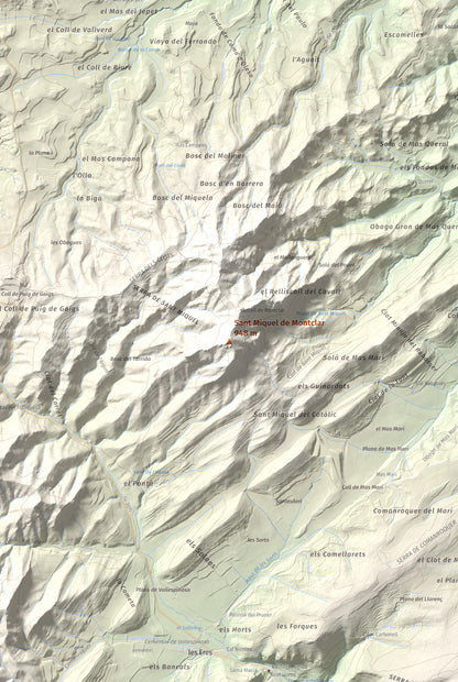 Mapa de relieve de Sant Miquel de Montclar, 948 m, Conca de Barberà, lámina 100 Cims de Trobart. Detalle de la zona central. 61 × 91 cm.