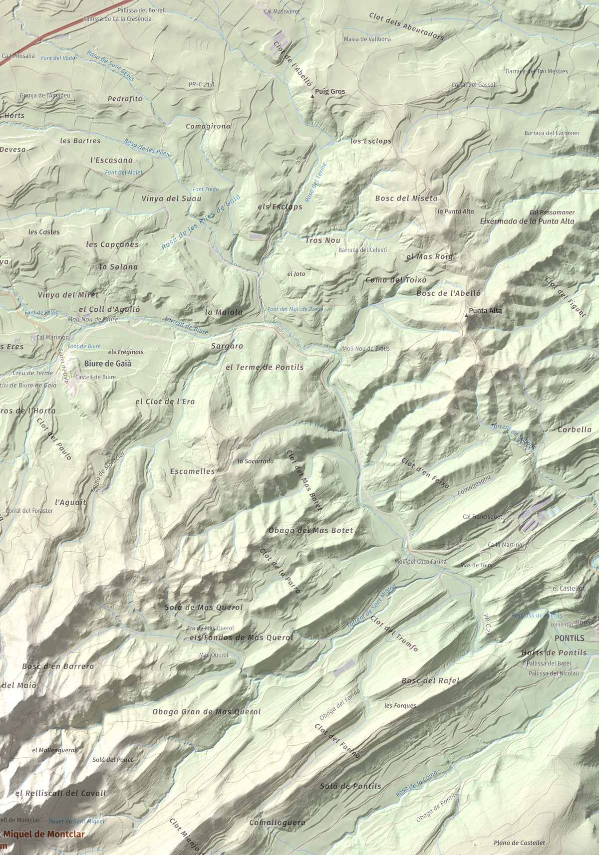 Mapa de relieve de Sant Miquel de Montclar, 948 m, Conca de Barberà, lámina 100 Cims de Trobart. Detalle de la zona superior derecha. 70 × 100 cm.