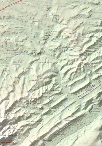 Mapa de relieve de Sant Miquel de Montclar, 948 m, Conca de Barberà, lámina 100 Cims de Trobart. Detalle de la zona superior derecha. 70 × 100 cm.