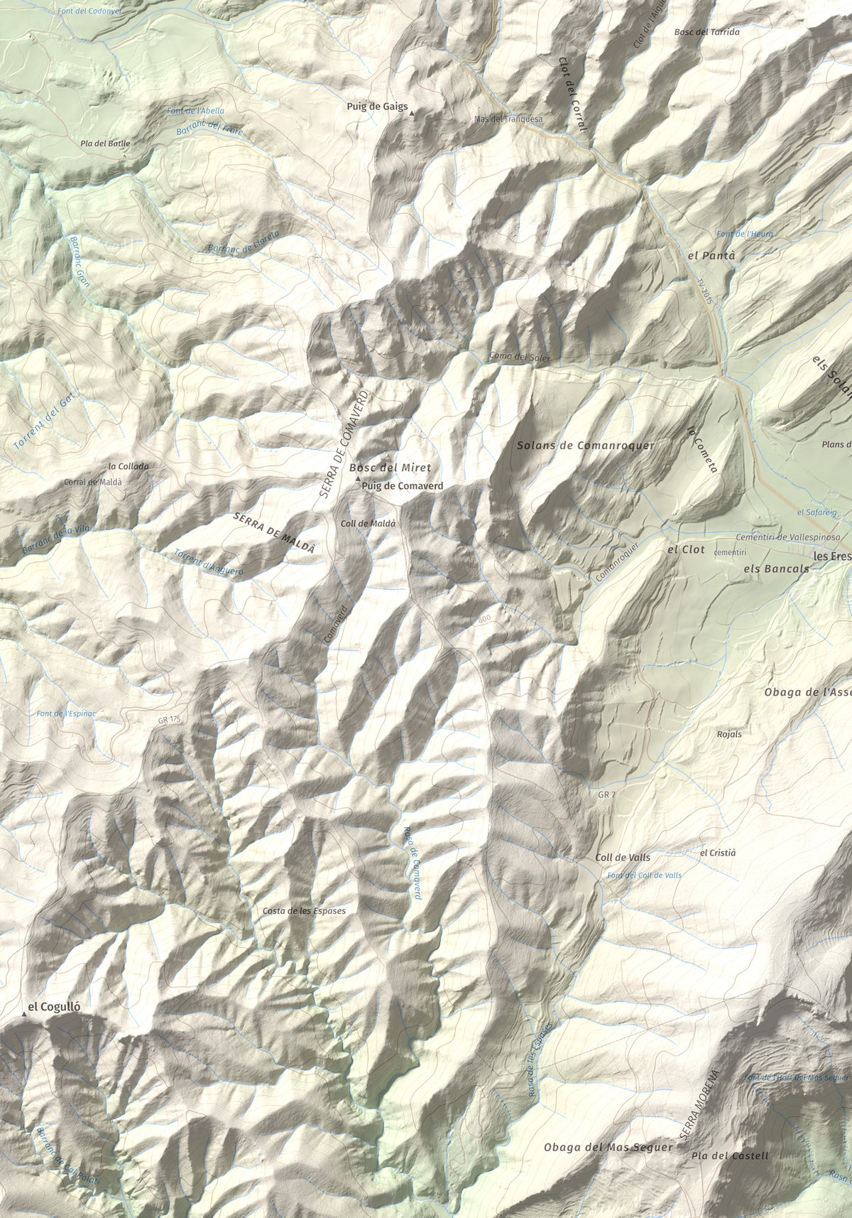 Mapa de relieve de Sant Miquel de Montclar, 948 m, Conca de Barberà, lámina 100 Cims de Trobart. Detalle de la zona inferior izquierda. 70 × 100 cm.