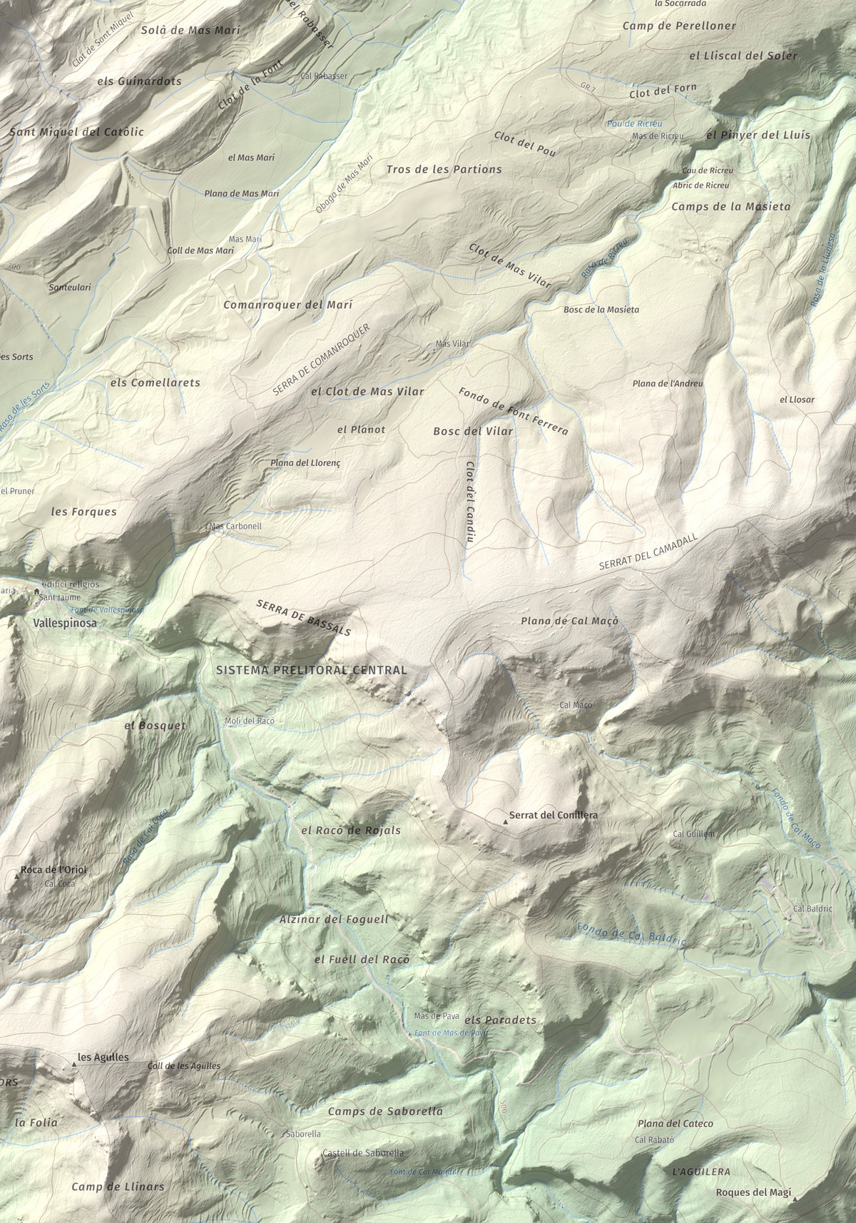 Mapa de relieve de Sant Miquel de Montclar, 948 m, Conca de Barberà, lámina 100 Cims de Trobart. Detalle de la zona inferior derecha. 70 × 100 cm.