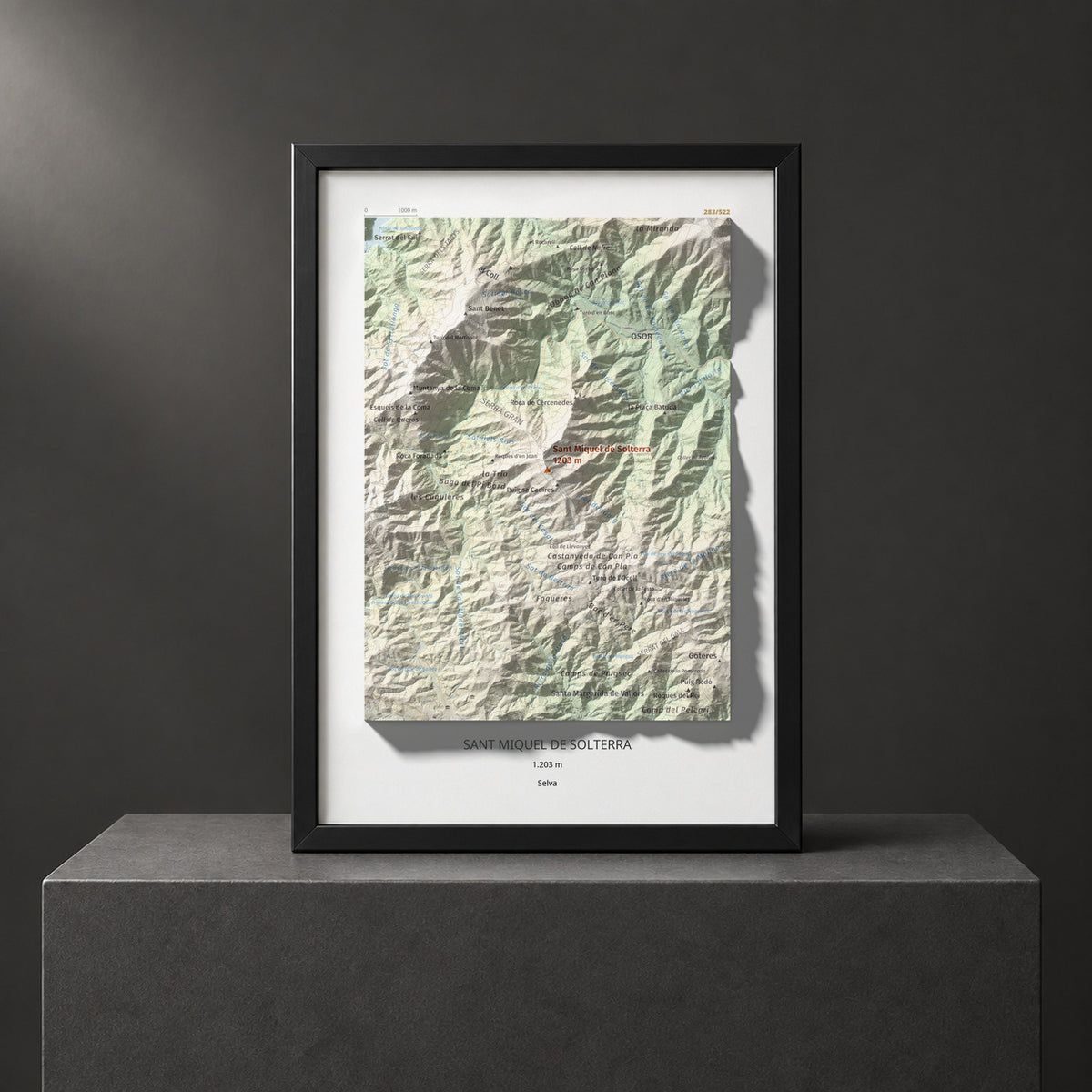Mapa de relieve de Sant Miquel de Solterra, 1203 m, Selva, lámina 100 Cims de Trobart. Presentación enmarcada. 21 × 30 cm.