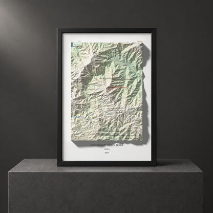 Mapa de relieve de Sant Miquel de Solterra, 1203 m, Selva, lámina 100 Cims de Trobart. Presentación enmarcada. 21 × 30 cm.