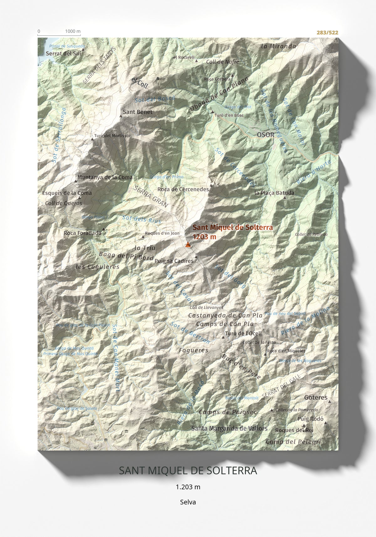Mapa de relieve de Sant Miquel de Solterra, 1203 m, Selva, lámina 100 Cims de Trobart 21 × 30 cm.