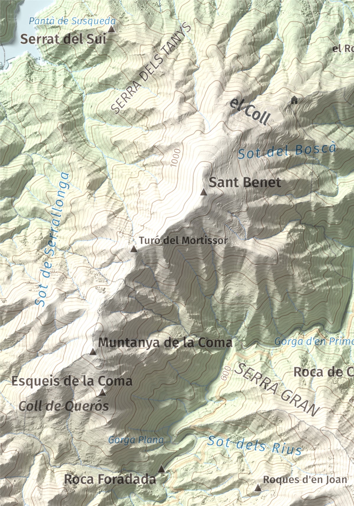 Mapa de relieve de Sant Miquel de Solterra, 1203 m, Selva, lámina 100 Cims de Trobart. Detalle de la zona superior izquierda. 21 × 30 cm.