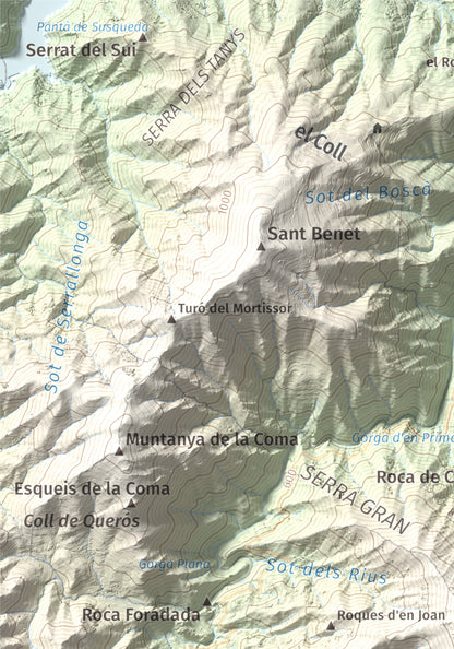 Mapa de relieve de Sant Miquel de Solterra, 1203 m, Selva, lámina 100 Cims de Trobart. Detalle de la zona superior izquierda. 21 × 30 cm.