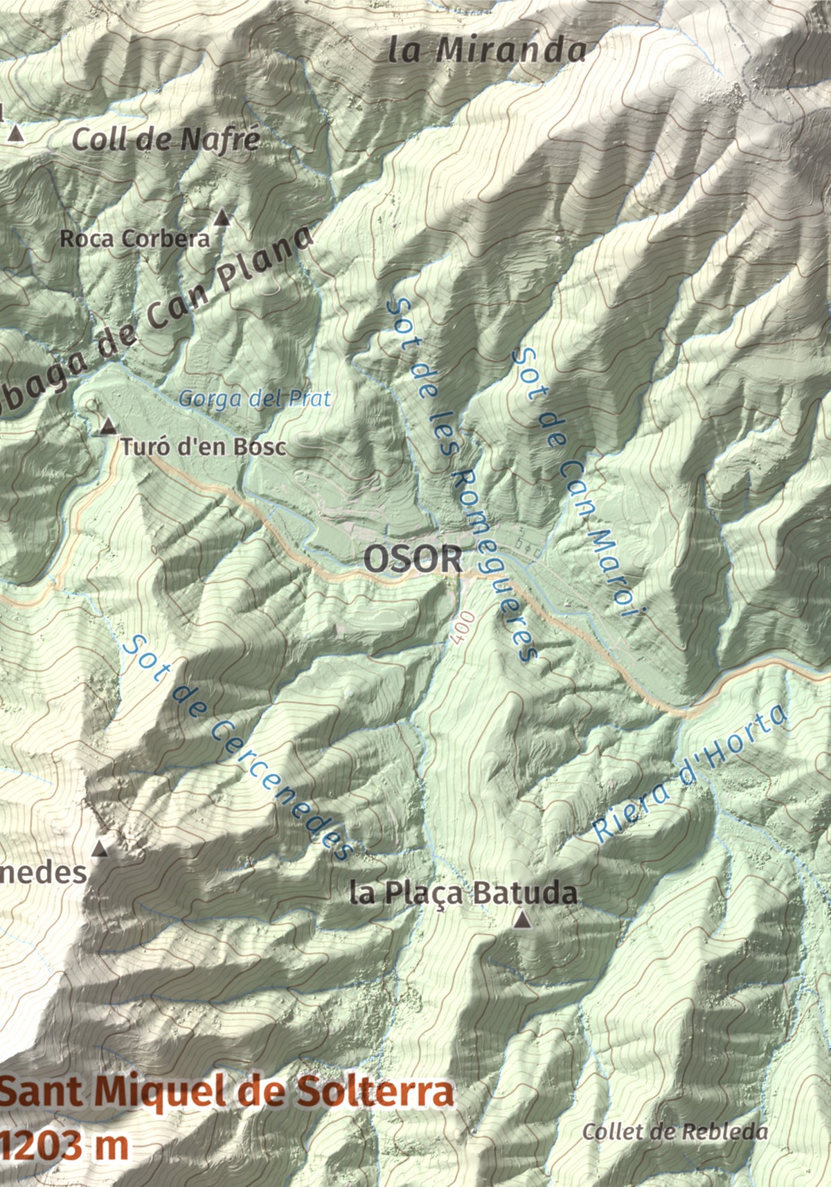 Mapa de relieve de Sant Miquel de Solterra, 1203 m, Selva, lámina 100 Cims de Trobart. Detalle de la zona superior derecha. 21 × 30 cm.