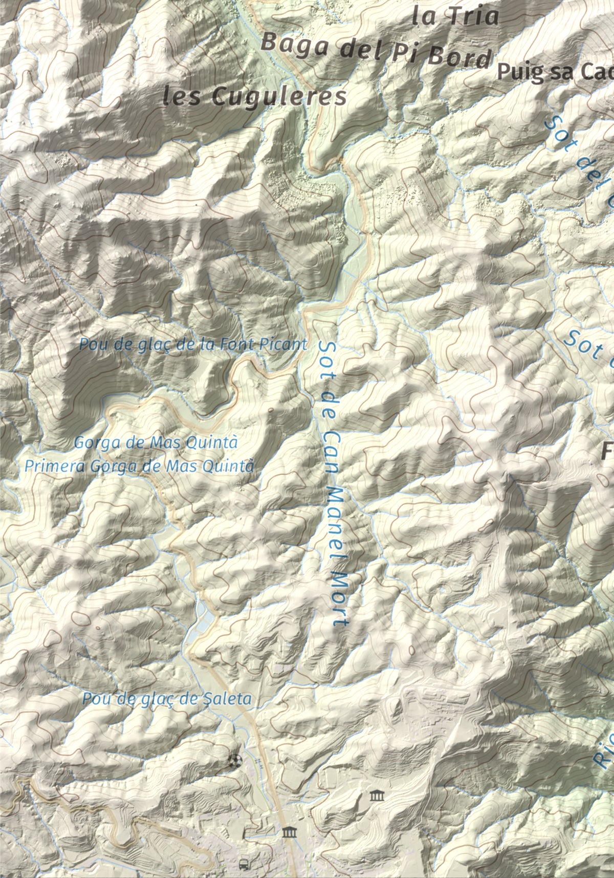 Mapa de relieve de Sant Miquel de Solterra, 1203 m, Selva, lámina 100 Cims de Trobart. Detalle de la zona inferior izquierda. 21 × 30 cm.