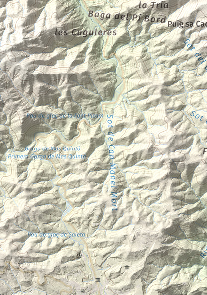 Mapa de relieve de Sant Miquel de Solterra, 1203 m, Selva, lámina 100 Cims de Trobart. Detalle de la zona inferior izquierda. 21 × 30 cm.