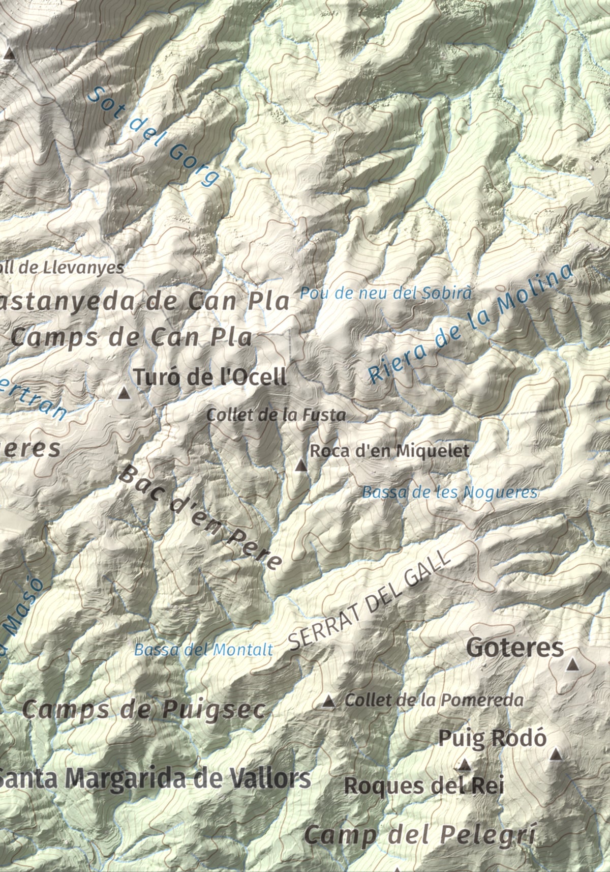 Mapa de relieve de Sant Miquel de Solterra, 1203 m, Selva, lámina 100 Cims de Trobart. Detalle de la zona inferior derecha. 21 × 30 cm.