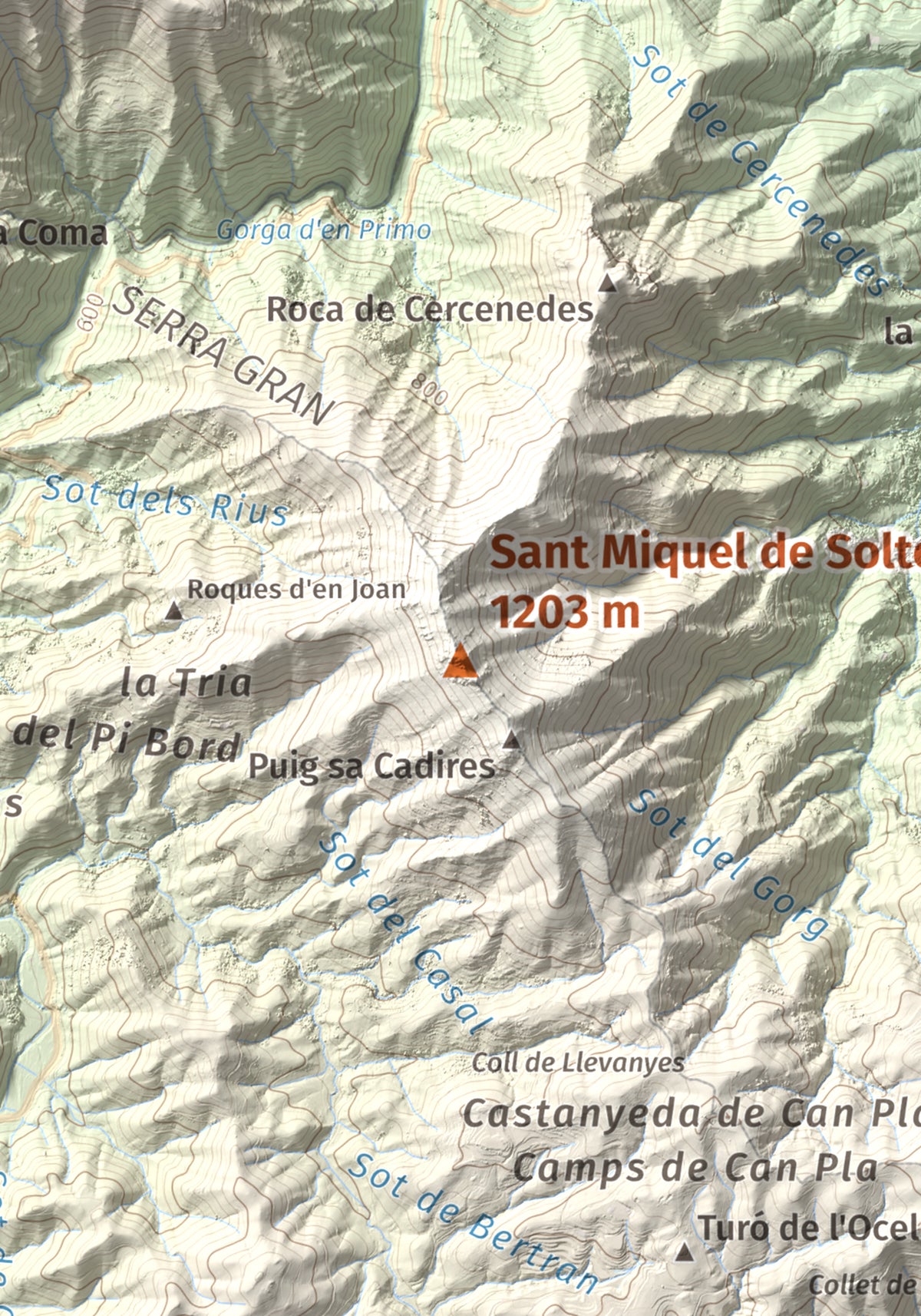 Mapa de relieve de Sant Miquel de Solterra, 1203 m, Selva, lámina 100 Cims de Trobart. Detalle de la zona central. 21 × 30 cm.