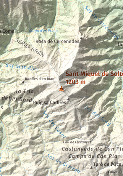 Mapa de relieve de Sant Miquel de Solterra, 1203 m, Selva, lámina 100 Cims de Trobart. Detalle de la zona central. 21 × 30 cm.