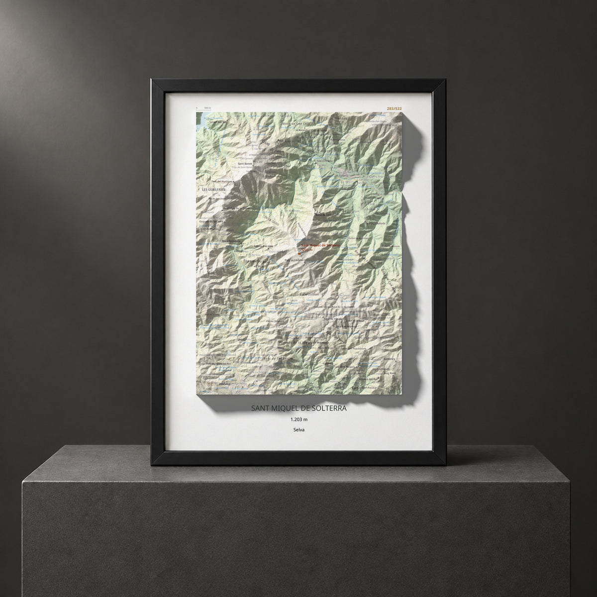 Mapa de relieve de Sant Miquel de Solterra, 1203 m, Selva, lámina 100 Cims de Trobart. Presentación enmarcada. 30 × 40 cm.