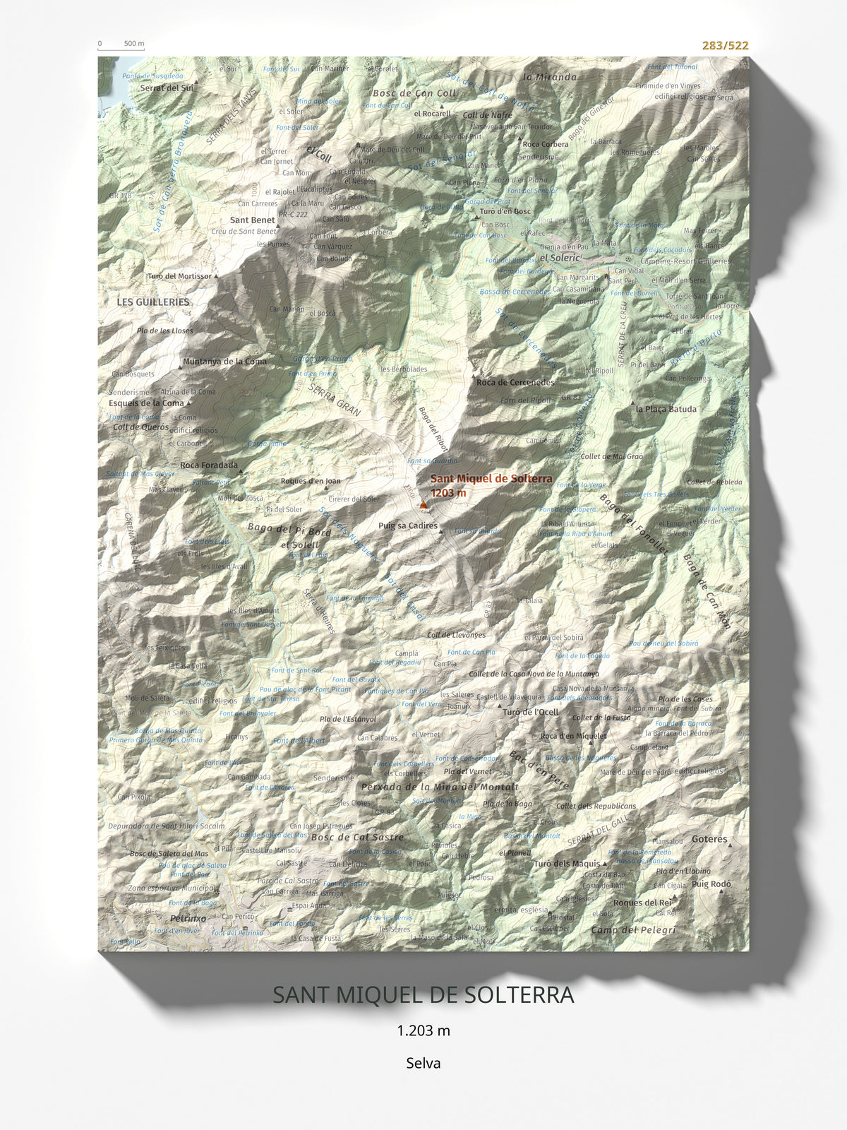 Mapa de relieve de Sant Miquel de Solterra, 1203 m, Selva, lámina 100 Cims de Trobart 30 × 40 cm.