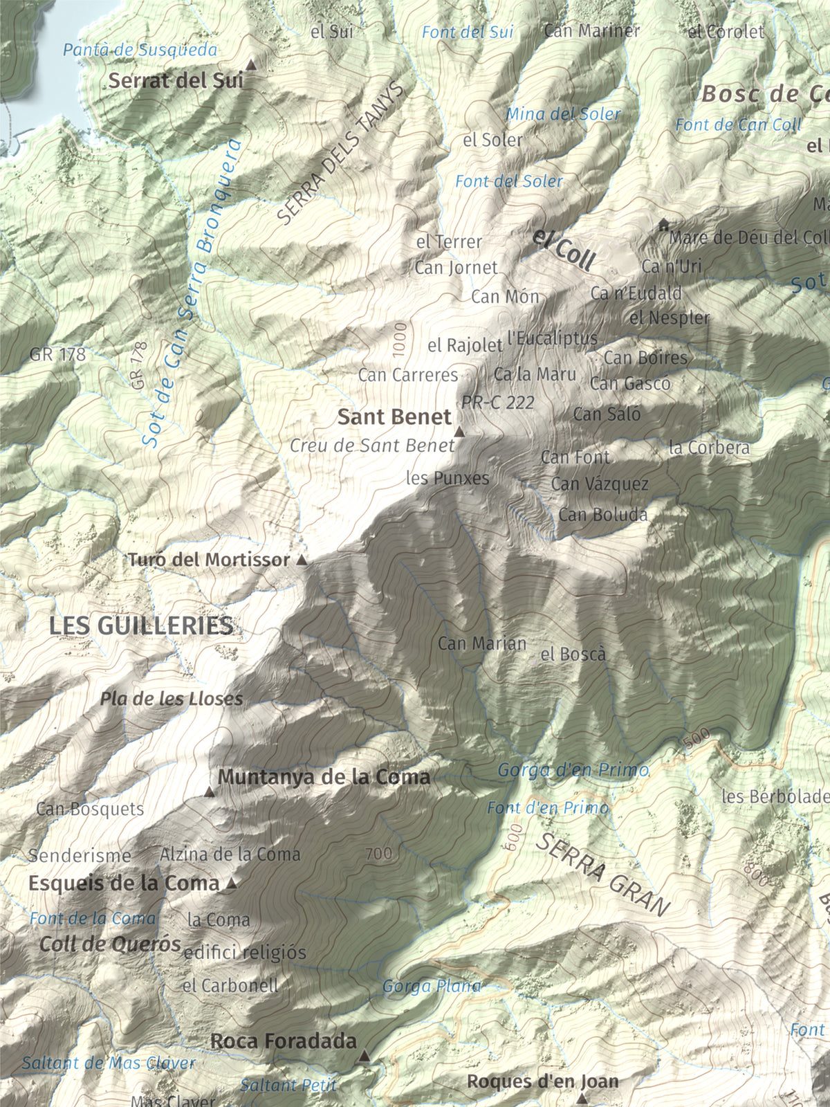 Mapa de relieve de Sant Miquel de Solterra, 1203 m, Selva, lámina 100 Cims de Trobart. Detalle de la zona superior izquierda. 30 × 40 cm.