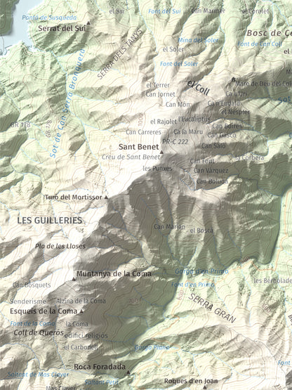 Mapa de relieve de Sant Miquel de Solterra, 1203 m, Selva, lámina 100 Cims de Trobart. Detalle de la zona superior izquierda. 30 × 40 cm.