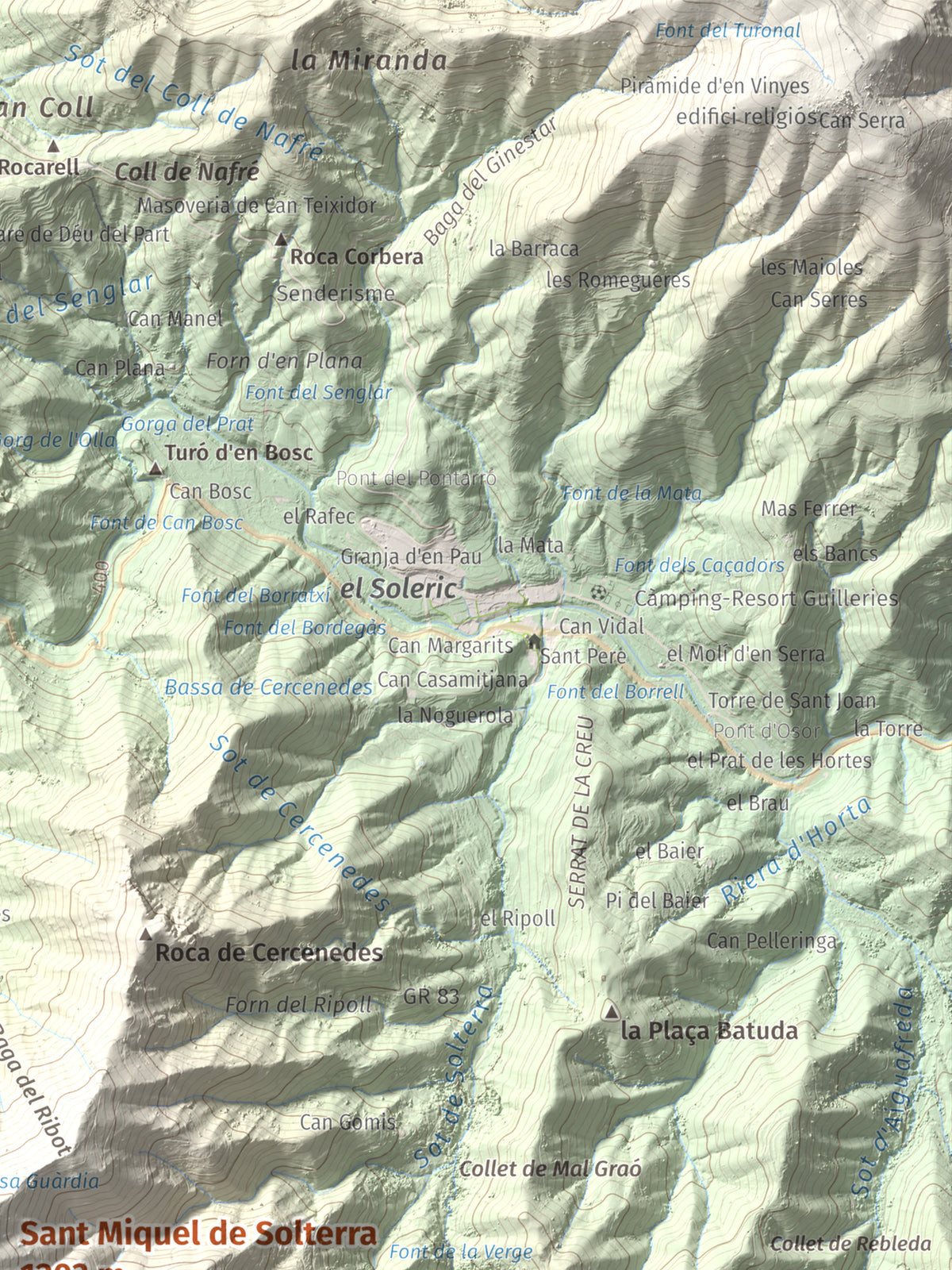 Mapa de relieve de Sant Miquel de Solterra, 1203 m, Selva, lámina 100 Cims de Trobart. Detalle de la zona superior derecha. 30 × 40 cm.