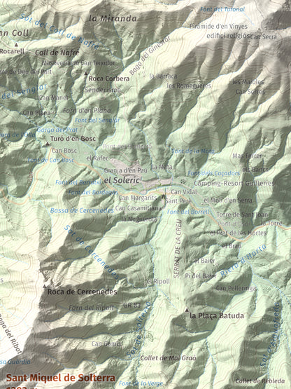 Mapa de relieve de Sant Miquel de Solterra, 1203 m, Selva, lámina 100 Cims de Trobart. Detalle de la zona superior derecha. 30 × 40 cm.