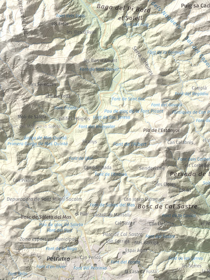 Mapa de relieve de Sant Miquel de Solterra, 1203 m, Selva, lámina 100 Cims de Trobart. Detalle de la zona inferior izquierda. 30 × 40 cm.